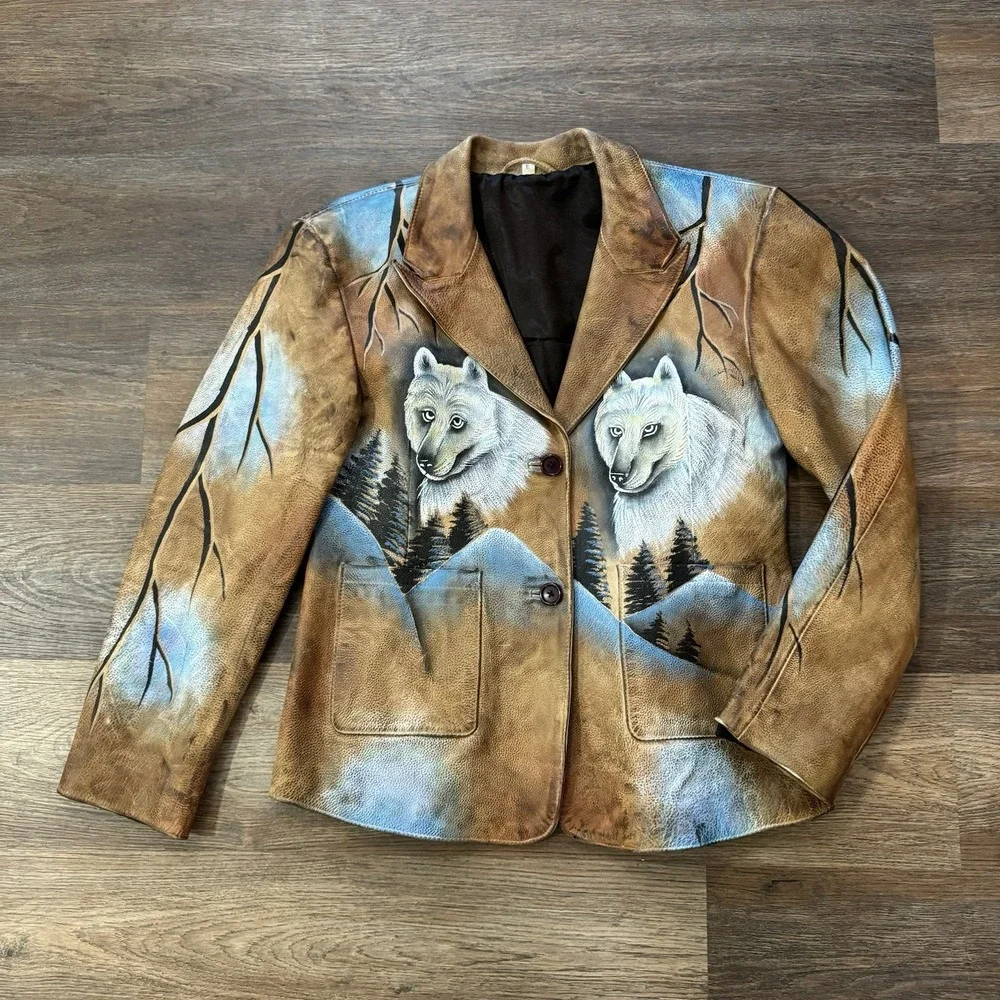 VTG Hand Painted Wolf Alaska Nature Brown Faux Leather Jacket Tagged Size XL - Picture 2 of 9